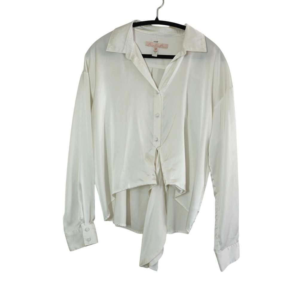 Hutch Medium White Cream Satin Tie Front Long Sleeve Button Down Blouse Chic